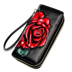 Floral Genuine Leather Purse Women Long Women's Leather Wallets Double Zipper Clutch Money Bag For Cell Phone and Card Holder