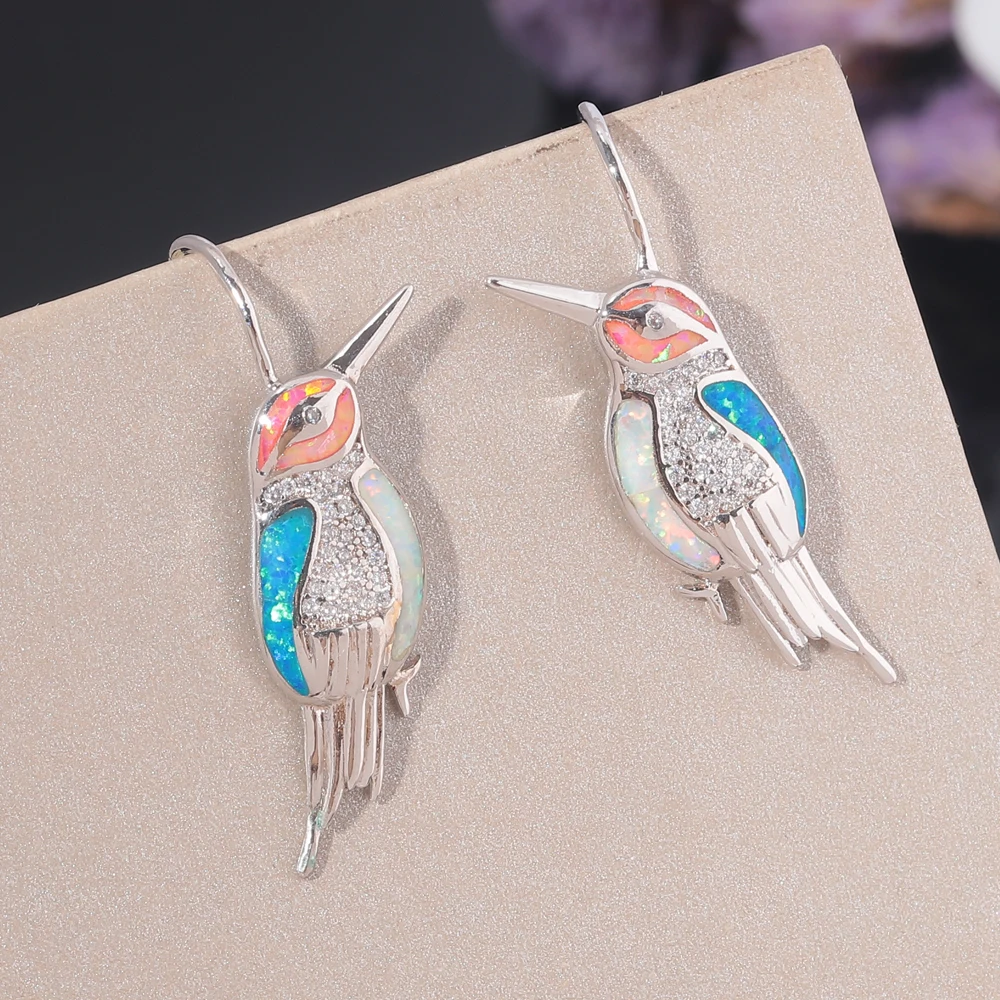 CiNily Created White Blue Pink Fire Opal Cubic Zirconia Silver Plated Wholesale Bird Women Jewelry Dangle Earrings 1 1/2\