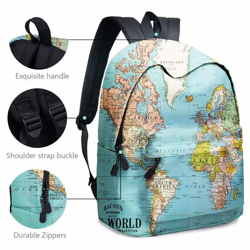 Mochila com estampa de mapa mundi feminina, 2 peças, bolsa para laptop, viagem, mochila de estudante, com estojo de lápis