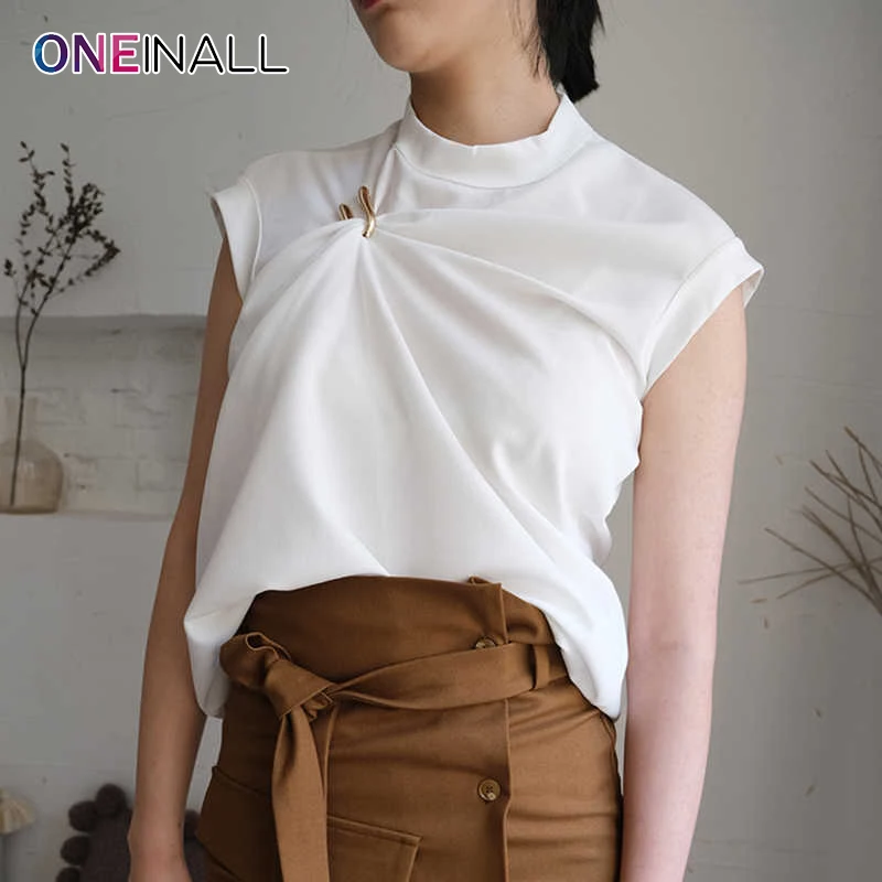 

ONEINALL Irregular Casual Fold Pleated Vest For Women Round Neck Sleeveless Minimalist Loose Vests Female 2022 Summer Clothing