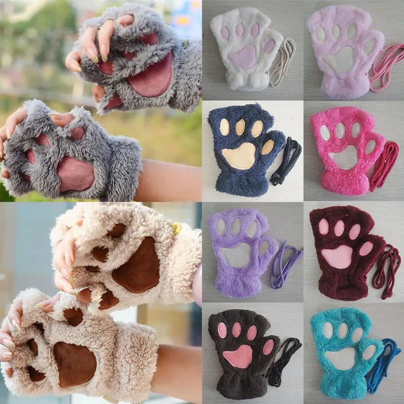 

Winter Gloves Thick Plush Bear Paw Half-finger Gloves Faux Fur Cute Kitten Fingerless Gloves Women Cat Paw Claw Gloves Halter
