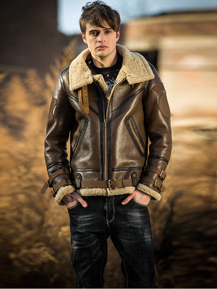 2020 New Mens B3 Sheepskin Shearling Jacket Brown Motorcycle Jacket Hunting Fur Coat Short Bomber Jacket