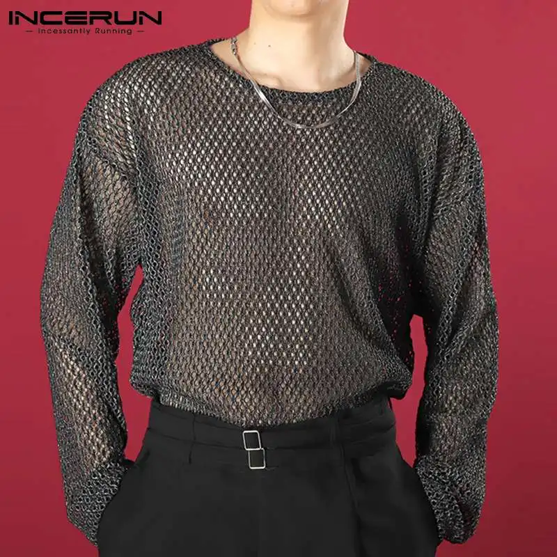 إنسيرون-تي شيرت شبكي مجوف للرجال ، بأكمام طويلة ، كتف فضفاض ، كاجوال ، توبات مثيرة للذكور ، على الطراز الكوري ، * * #1