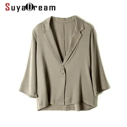 SuyaDream Women Silk Blazer Silk Double Joe 3/4 Sleeves Single Breasted Summer Chic Blazers 2021 Spring Autumn Jackets