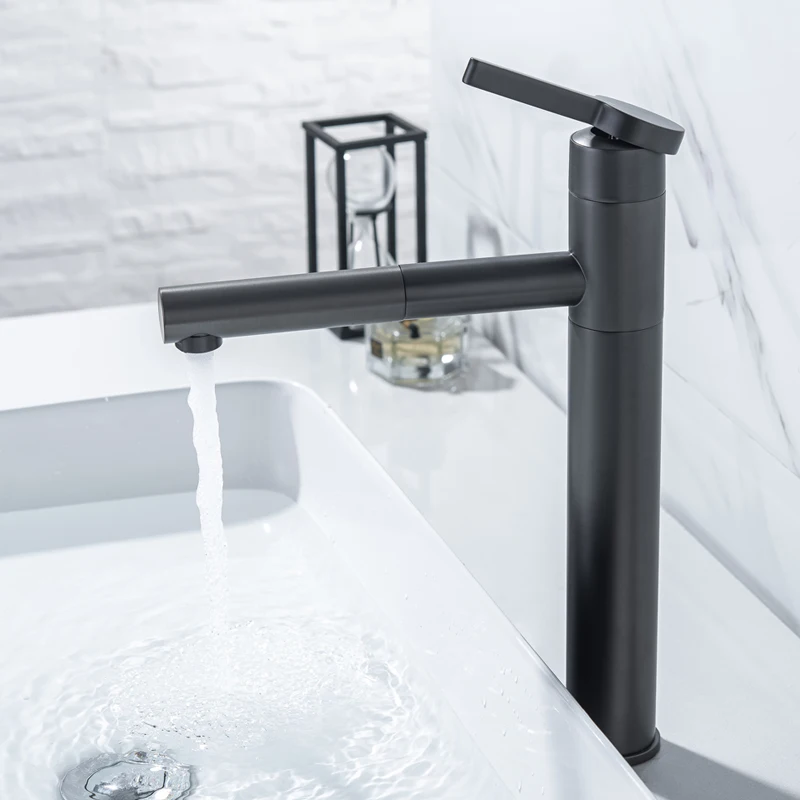 Black Polished Basin Sink Water Tap Single Lever Single Faucet Mixer Hole Deck Mounted Basin Bathroom 360-degree Spin Faucet