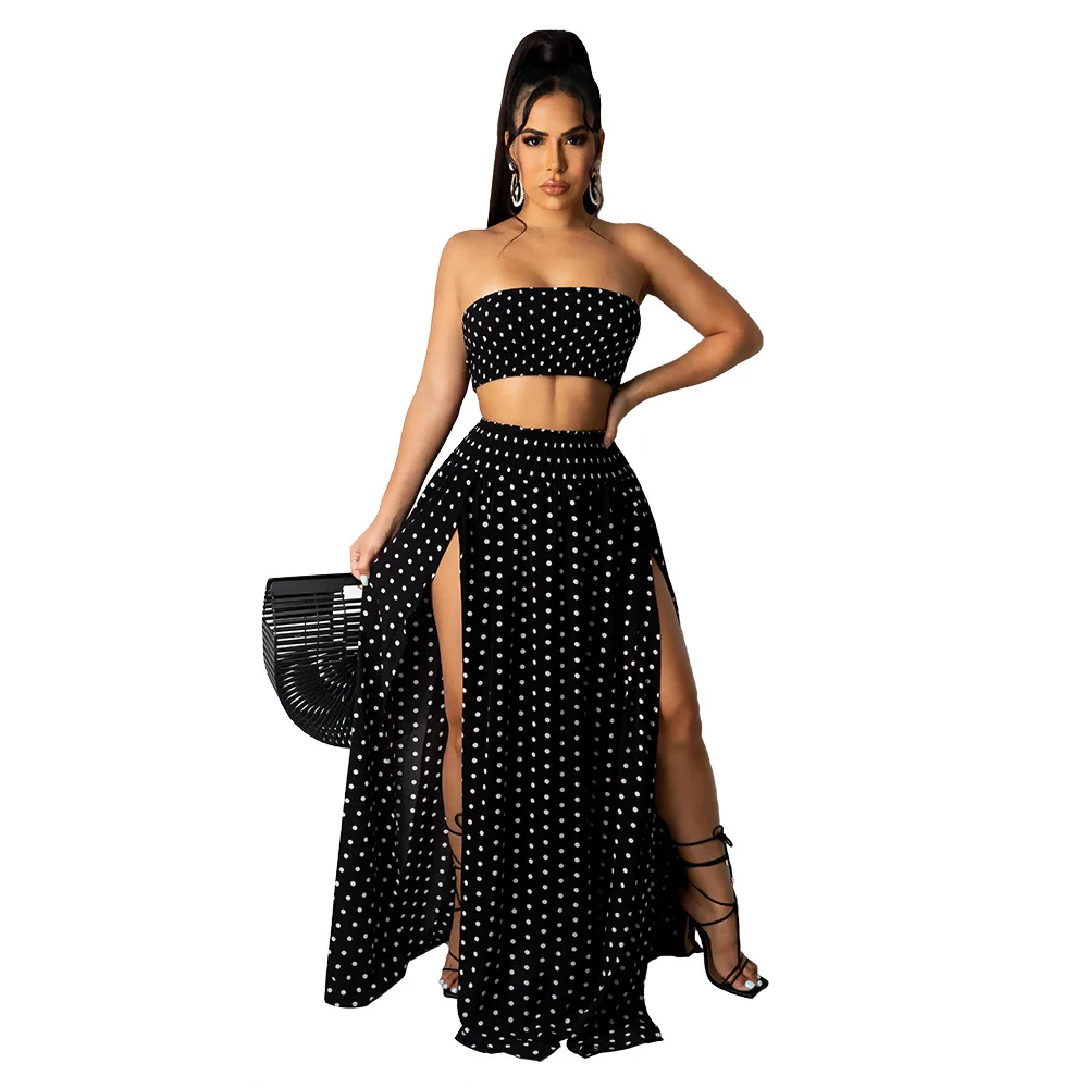 Summer 2021 Women Sexy Slim Two Piece Set Off Shoulder Crop Tops Split Skirt Sets Polka-Dot Print Suit Lady Elegant 2 Piece Set