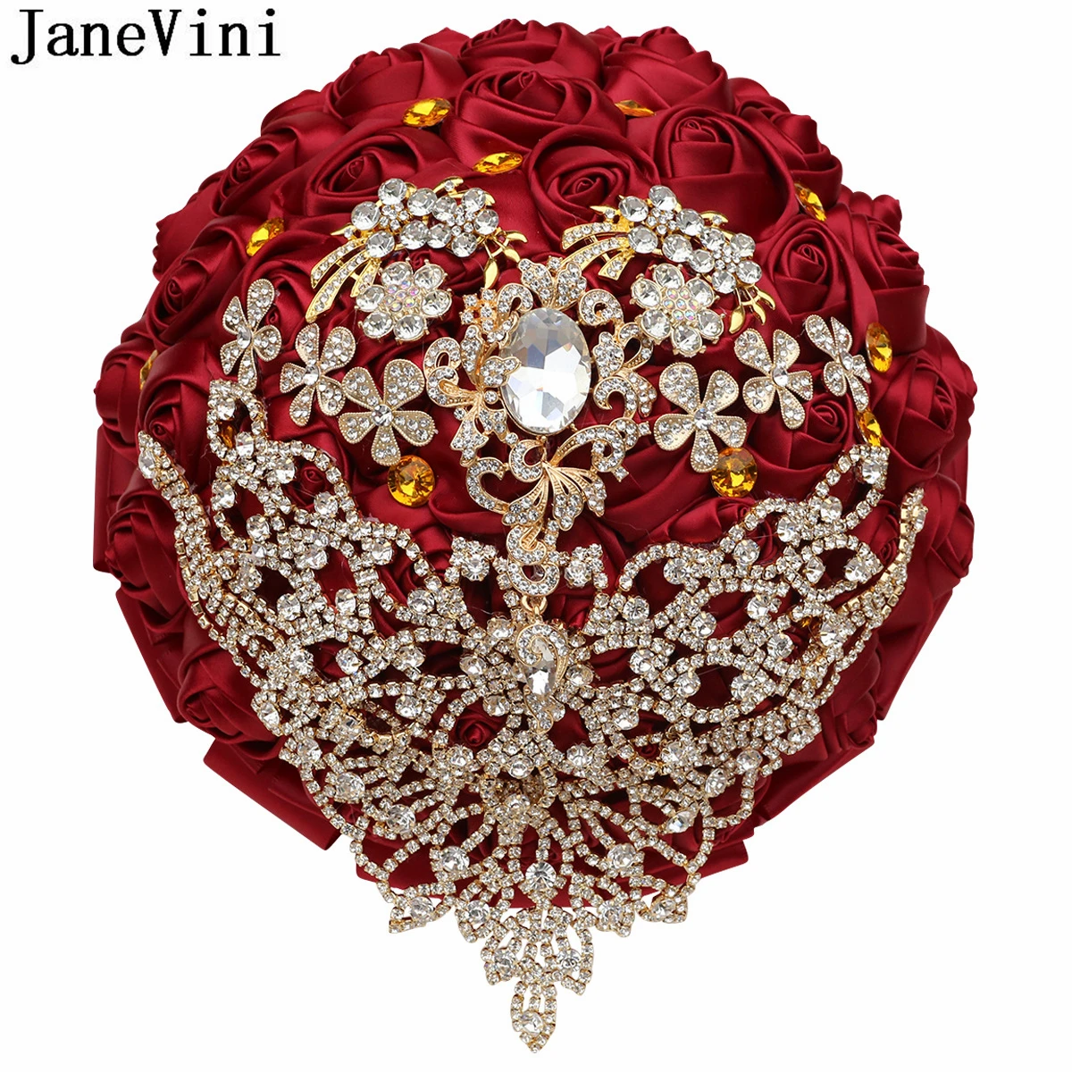 JaneVini Luxury Rhinestone Jewelry Burgundy Flowers Bridal Bouquets Artificial Satin Roses Wedding Brooch Bouquet Accessories