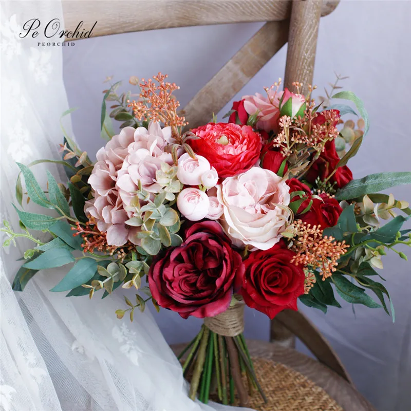 

PEORCHID Dark Red Pink flower Bridal Bouquet искуственные цветы Rose Hydrangea Fake Hand Bouquet Weding Decoration