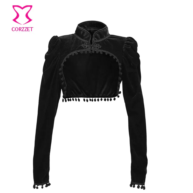 Black Velvet Short Steampunk Crop Jacket Stand Long Sleeve Autumn Women Gothic Bolero Victorian Coat Vintage Corset Accessories