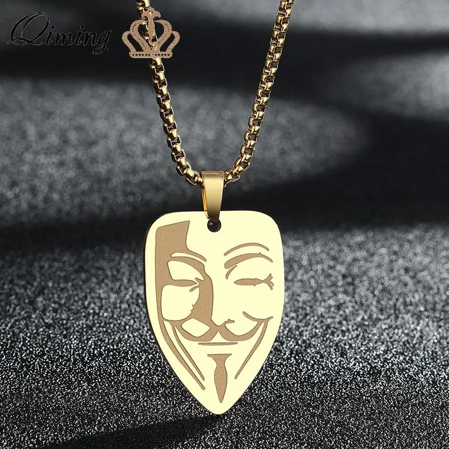 Guy Fawkes Mask Men Necklace Golden V For Vendetta Anonymous Pendant Stainless Steel Jewelry Male Necklace Gift