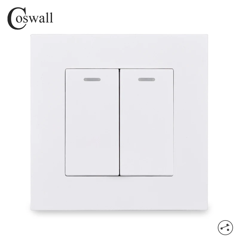 COSWALL Simple Style PC Panel 2 Gang 2 Way Stair Pass Through On / Off Light Switch Switched Wall Rocker Switch AC 12-250V 16A