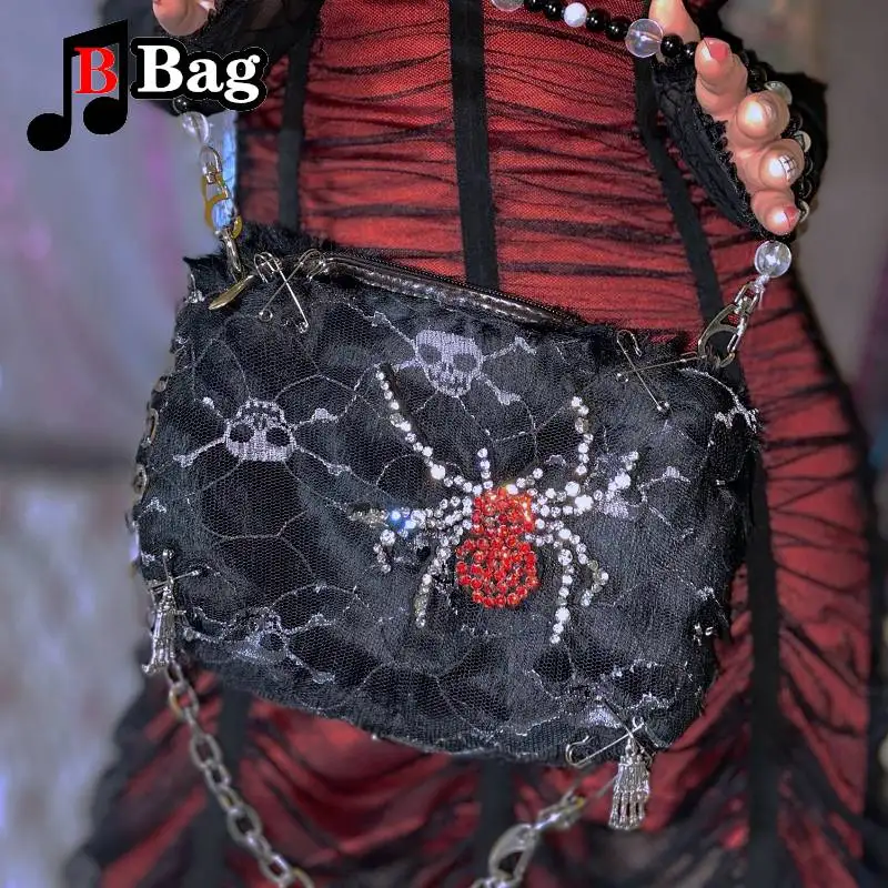 Dark Women shoulder bag Flash spider Skull Punk underarm bag Y2K Girl Messenger Bag female metal chain Handbag Satchel bag