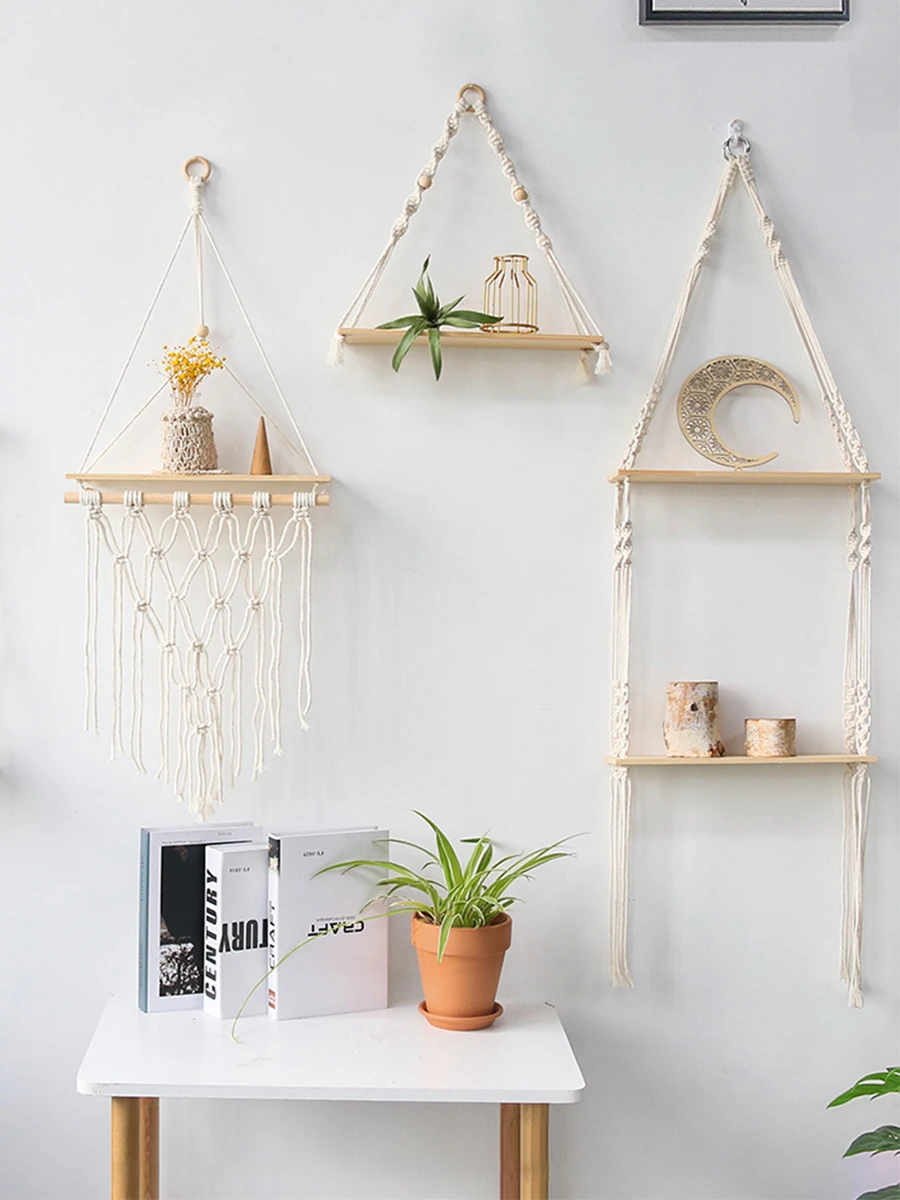 Makramee-Wandregal zum Aufhängen, schwebendes Wandregal, Boho-Heimdekoration, Regale, Wand, Holzdekoration für Schlafzimmer, Wohnzimmer, Kinderzimmer, Geschenk
