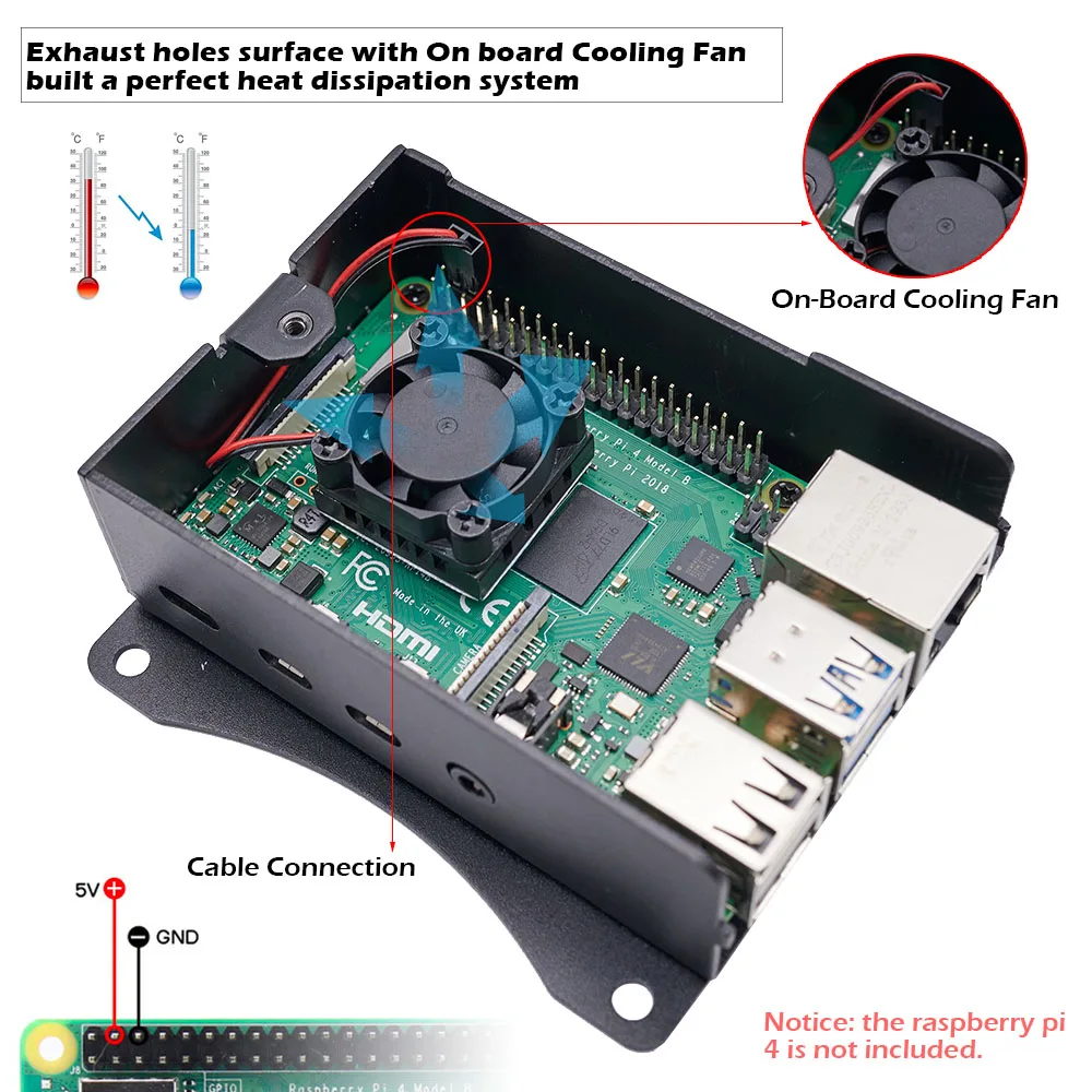 Raspberry Pi 4 Modelo B, carcasa de aluminio con ventilador de refrigeración, Kit de disipadores térmicos, caja de carcasa de Metal con ventilador