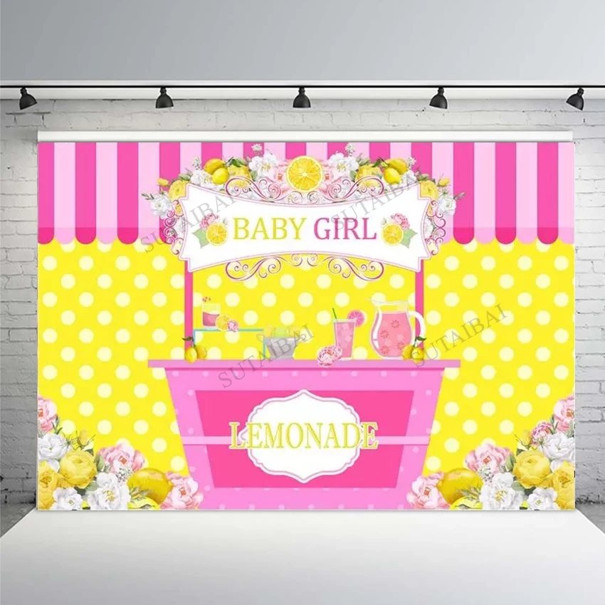 Lemonade Backdrop Pink Flower Girl Baby Shower Party Photography Backgrond Fruits Juice Wave Point Dessert Table Decor Poster