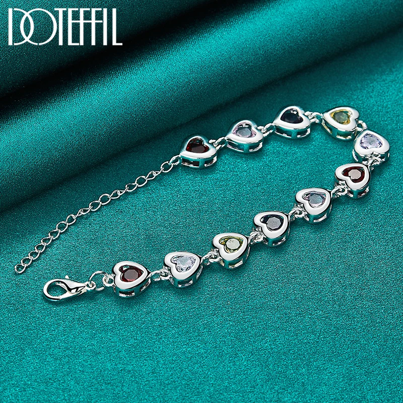 DOTEFFIL 925 Sterling Silver Heart inlaid With Multi-color AAA Zircon Bracelet Chain For Woman Engagement Party Wedding Jewelry