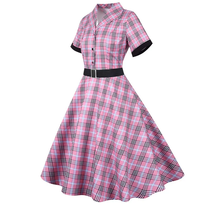 knee length dresses for ladies Girls' Pink Plaid 3/4 Sleeve Pocket Twirl Dress Size: 2T Toddler by Mila & Rose main image 1