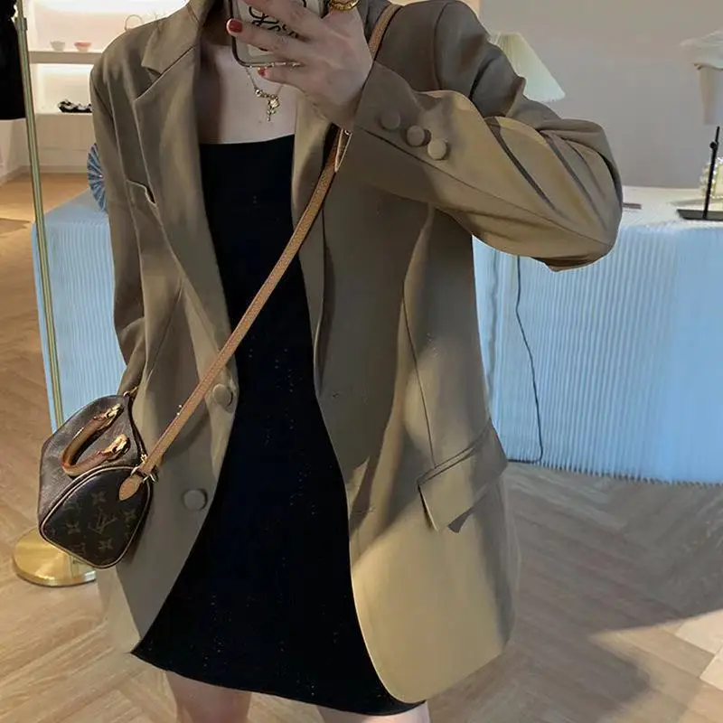 

2021 Spring Suit Jacket Women Fashion Notched Collar Blazer Korean Version Loose Coat Office Lady Khaki Casual Tops Female