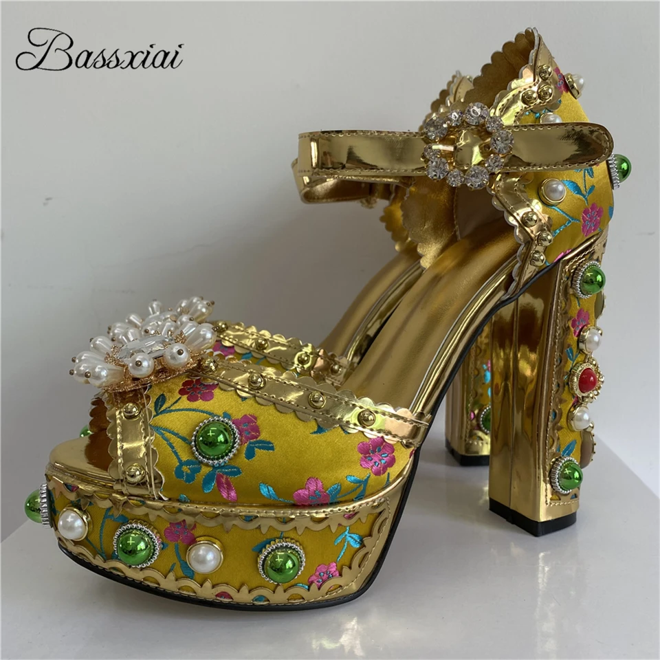 

Beaded Pearl Rivet Ball Platform Wedding Shoes Chunky Heel Embroidery Satin Diamond Rhinestone Summer Sandals Women