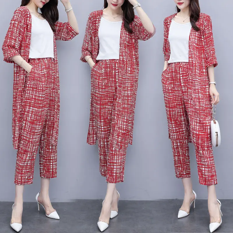 2024 Summer New \\Women Korean Fashion 3 Pcs Set White Base Top /cardigan Shirt + Nine-point Pants Three-piece Suits M-4XL Y668