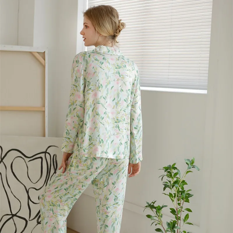 New Fashion Soft Viscose Women\'s Long Sleeve Pajama Sets Floral Prited Loose Sleepwear Suits Home Clothes Plus Size