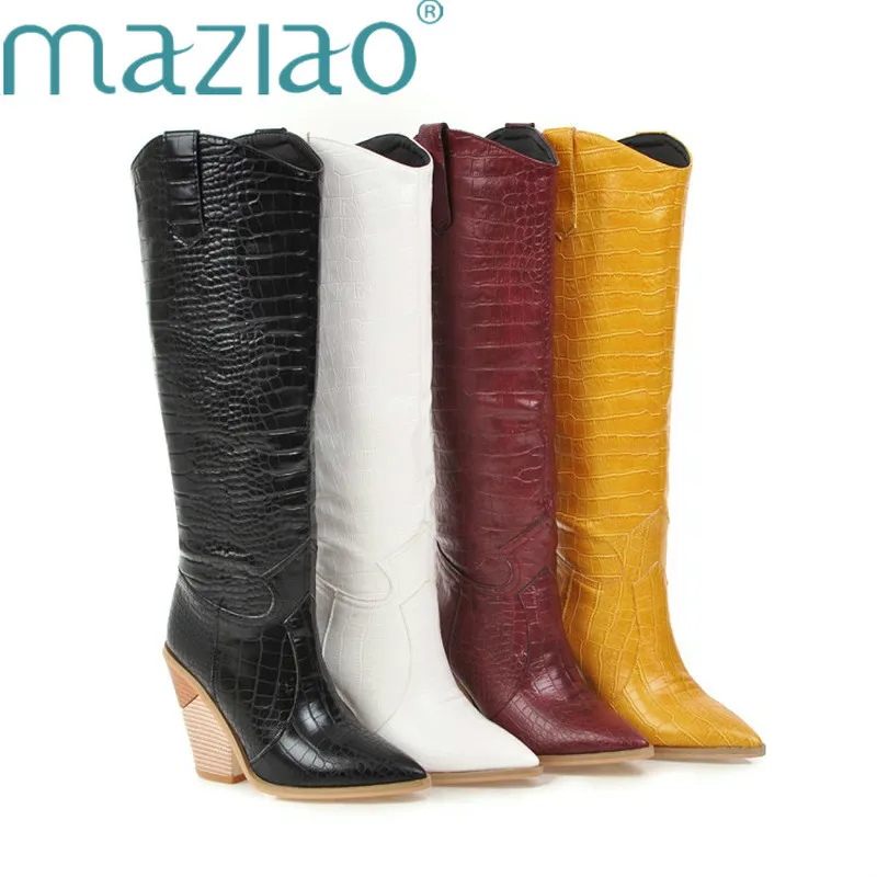 Black Yellow White Knee High Boots Western Cowboy Boots for Women Long Winter Boots Pointed Toe Cowgirl wedges Motorcycle Boots