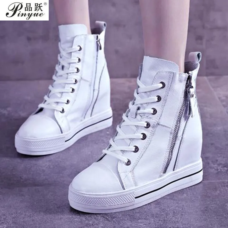 

New Autumn Winter Lace-up High-top Genuine Leather Shoes Women Sneakers Shoes High Heels Increase Within Wedges Casual Shoes