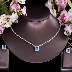 ThreeGraces Elegant Shiny Light Blue Cubic Zirconia Square Stud Earrings and Necklace Set for Women Party Costume Jewelry TZ645