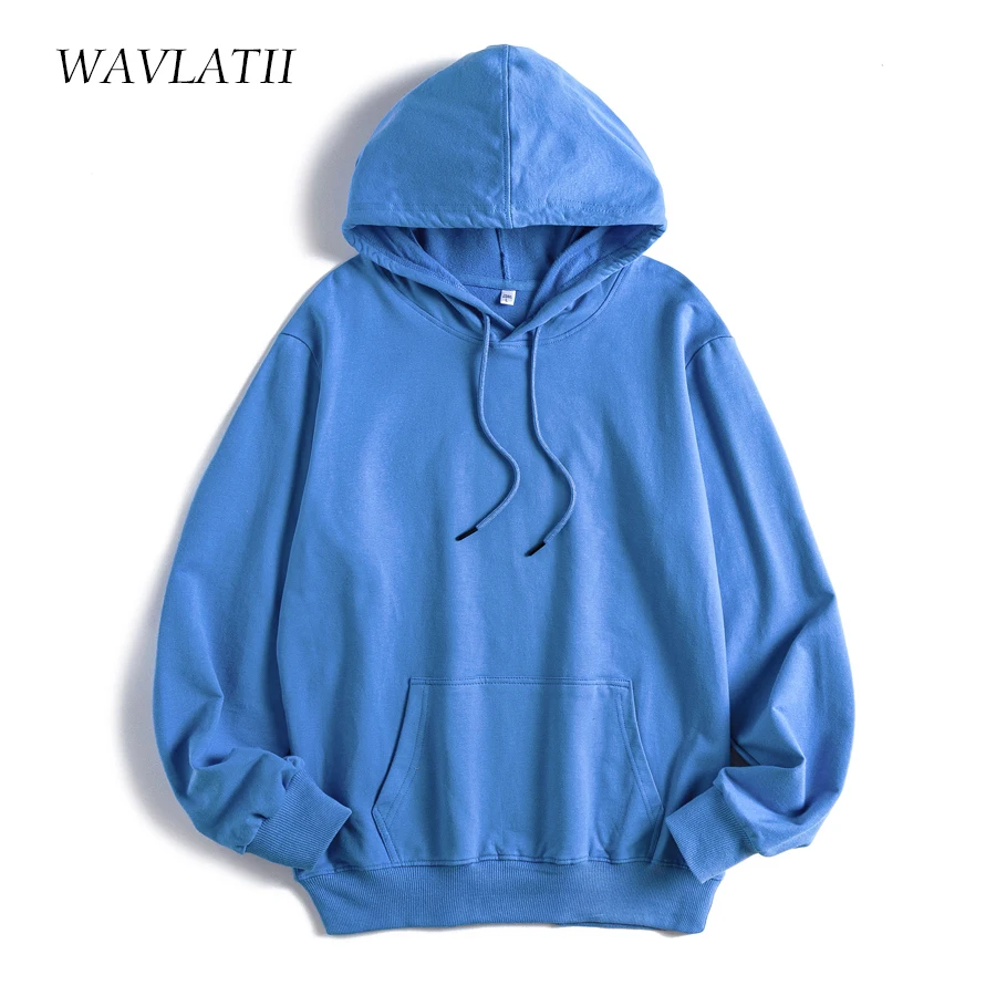 WAVLATII New Women Cotton Terry Hoodies Lady Casual Hooded Sweatshirts Female Blue Green Tops WH2101