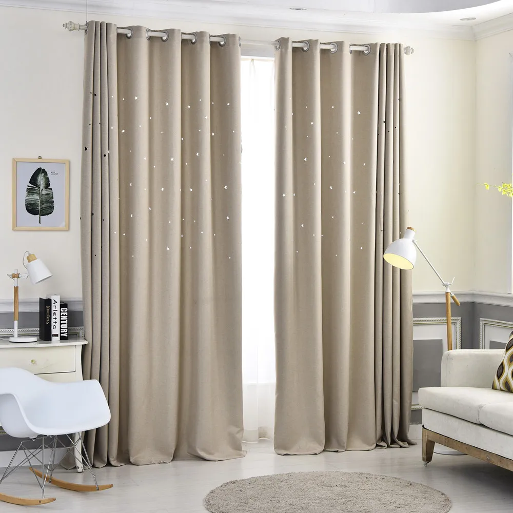 Hollow Star Blackout Curtains for Kids Bedroom Fashion Thick Imitation Hemp Solid Color Hotel Living Room 2246pe