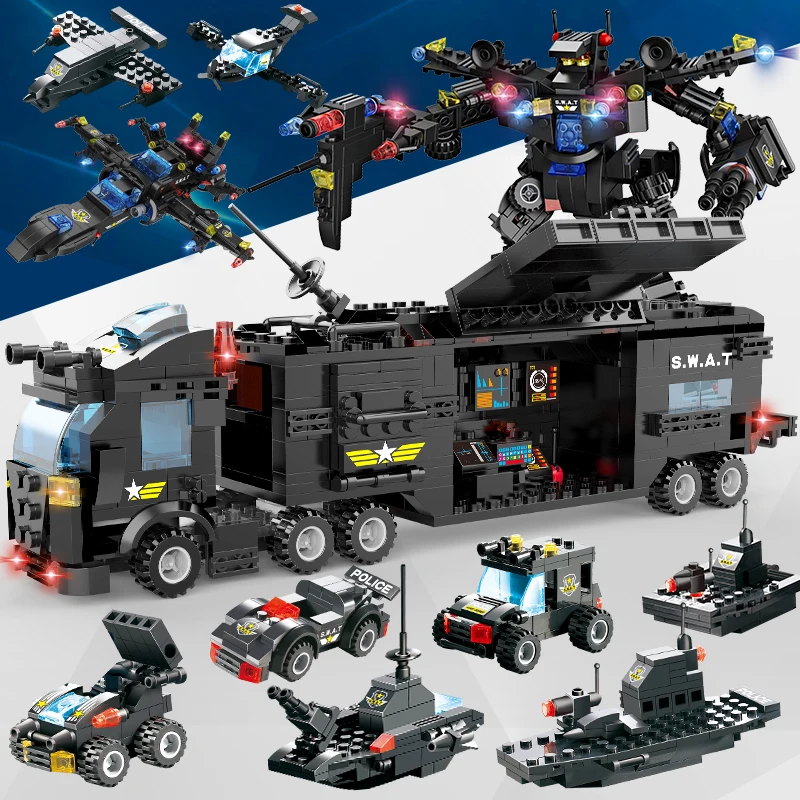 8IN1 SWAT City Police Truck Car Building Blocks Robot Compatible City Police Station Bricks Toys for Boys Children