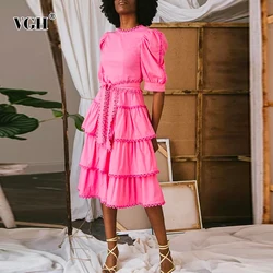 VGH Black Patchwork Vintage Dress For Women Stand Collar Puff Short Sleeve High Waist Mid Dresses Females Summer 2025 New Style
