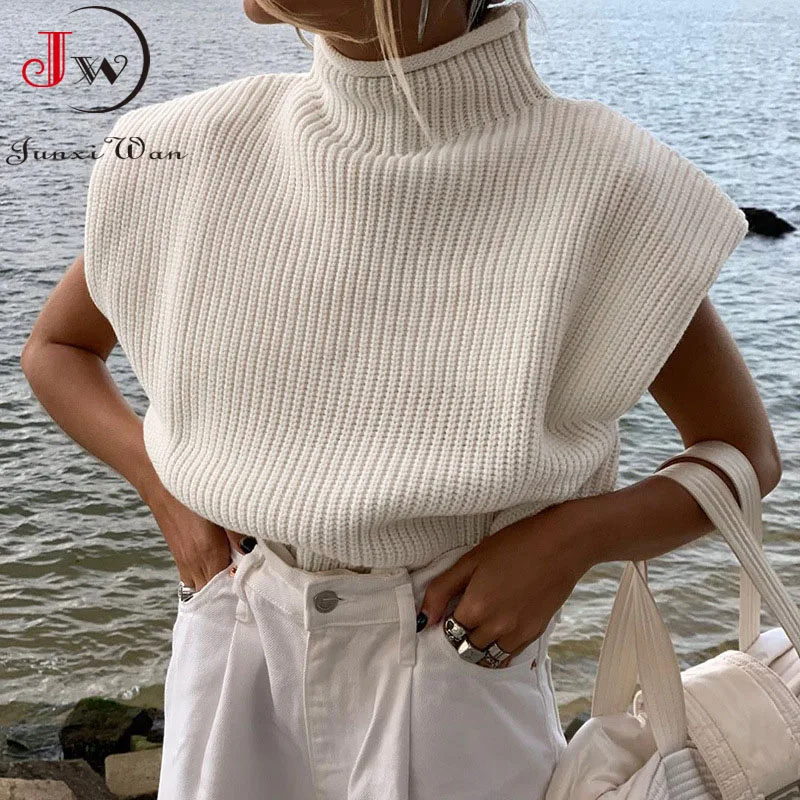 Women Fashion Solid Cropped Knitted Sweater Vest Turtleneck Sleeveless Pullover Solid Chic Tops Jumper