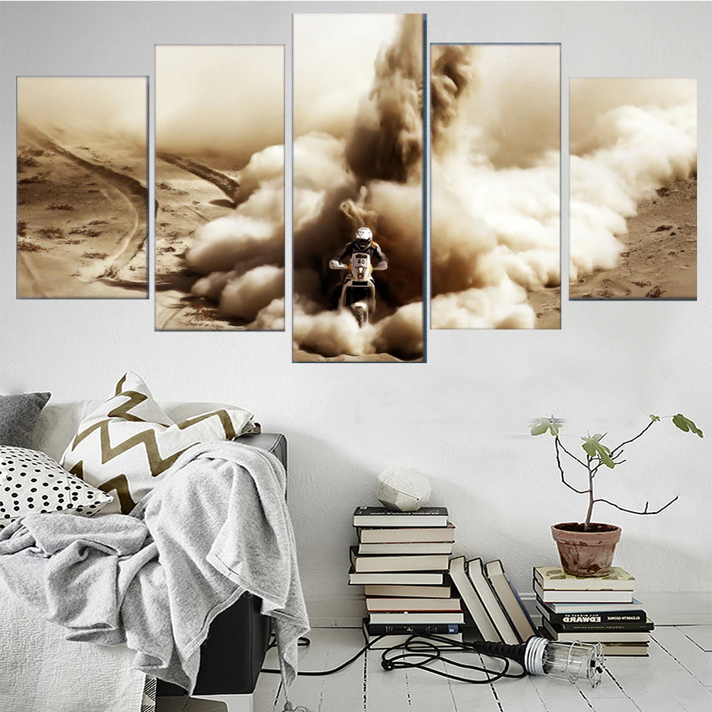 

Wall Art Canvas Painting 5 Panel Motorcycle Modern Racers Cross The Desert Landscape HD Poster Pictures Frame Home Decor