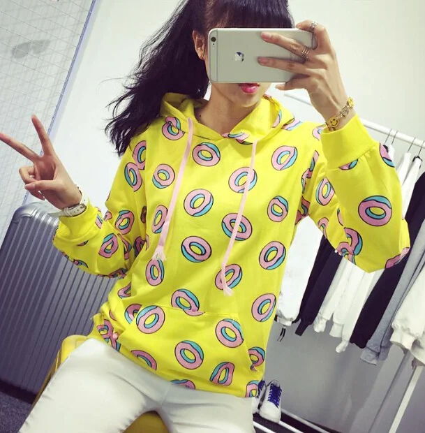 Autumn Cute Donut Print Pullovers Women Hoodies Sweatshirts Yellow Large Size S-3XL Sudadera Mujer Fashion Feminino Moleton