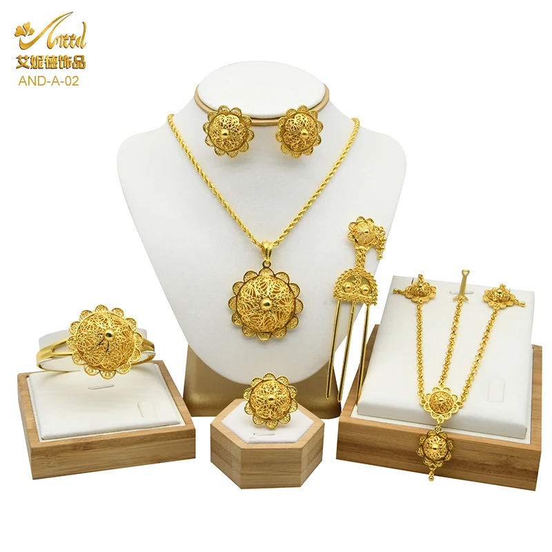 Ethiopian Jewelry Sets For Women Gold Color Dubai African Nigerian Wedding Necklace Bracelets Earrings Ring Headwear 6pcs Set