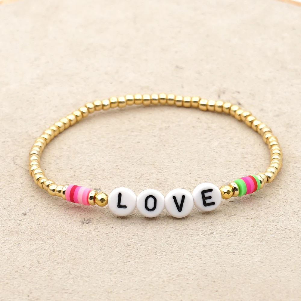 GO2BOHO LOVE Letter Bracelets Heishi Vinyl Beaded Bracelet For Women Trendy Valentine's DayJewelry Femme Golden Beads