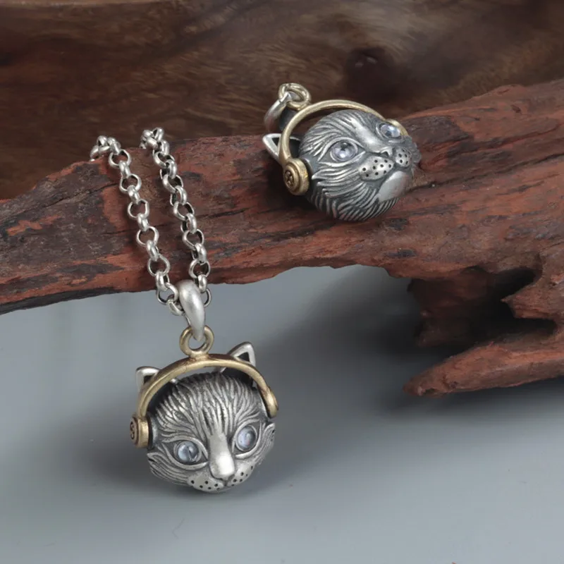 BOCAI New 100% S925 Silver Hip-hop Fashion Retro Puppet cat Man Pendant 2021 Trend Earphone Cat Creative Couple Jewelry