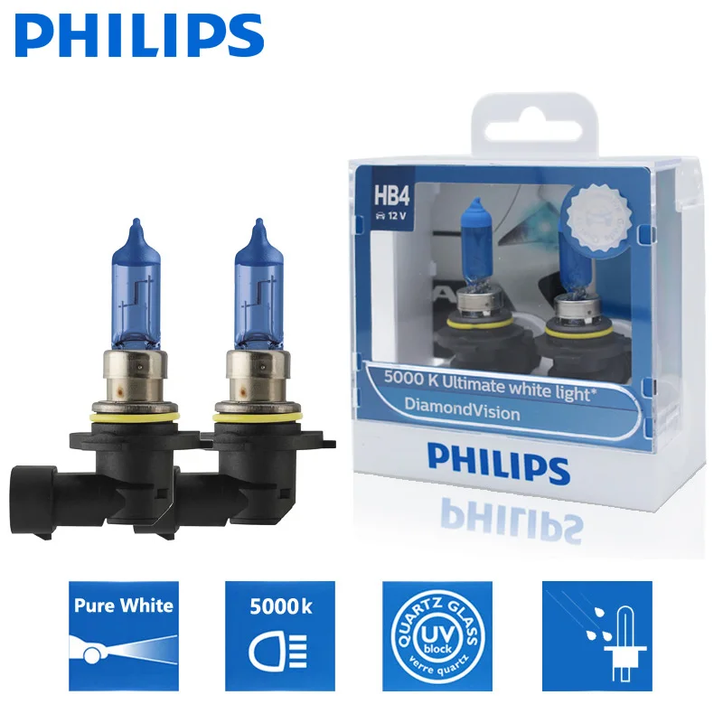 2X Philips HB4 9006 12V 55W P22d Diamond Vision 5000K Super White Light Halogen Bulb Auto Head Light Lamps 9006DVS2 