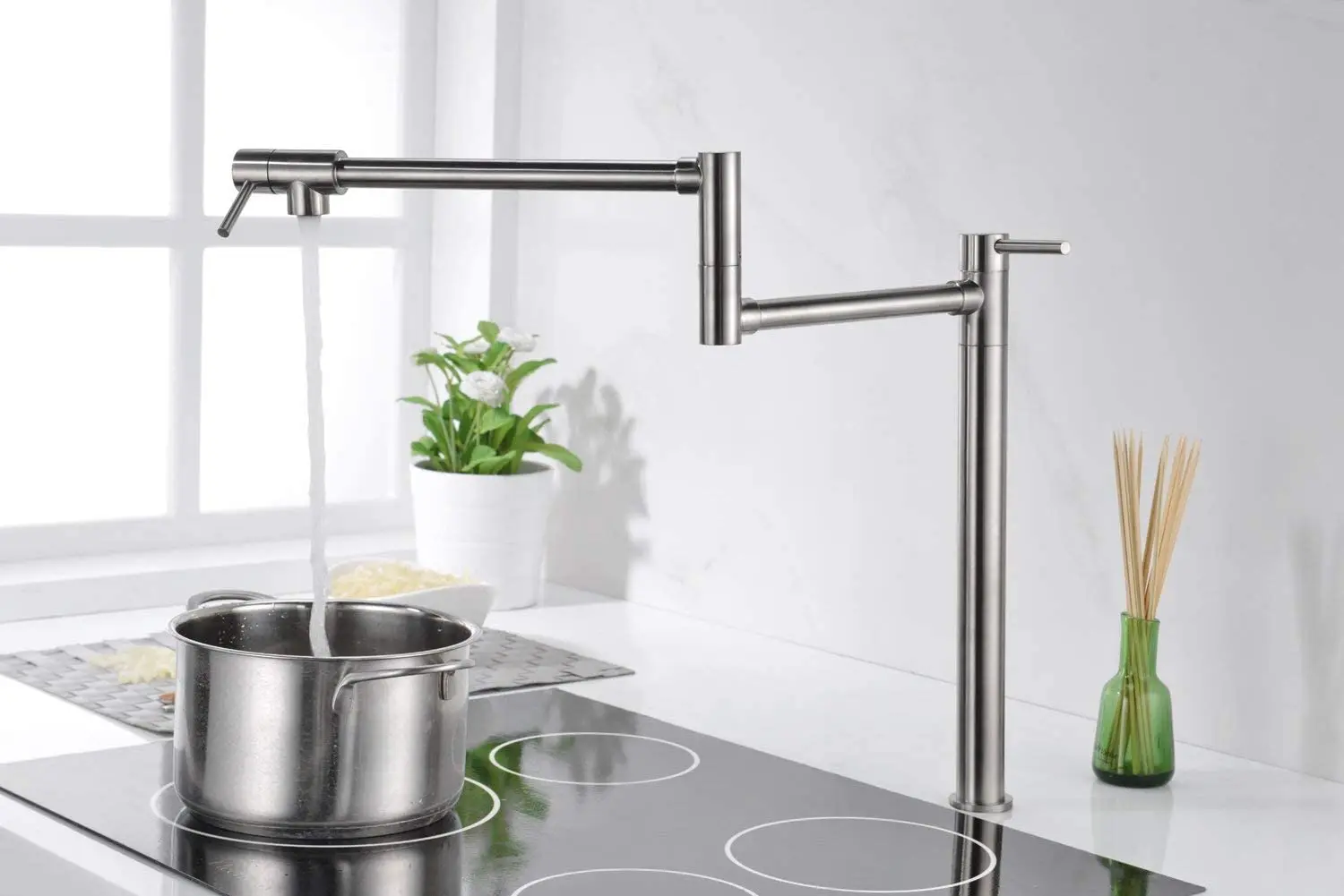 

Brass Deck Mount Pot Filler Faucet Single cold Brushed Nickel Finish with Extension Shank and 20" Dual Swing Joints Spout