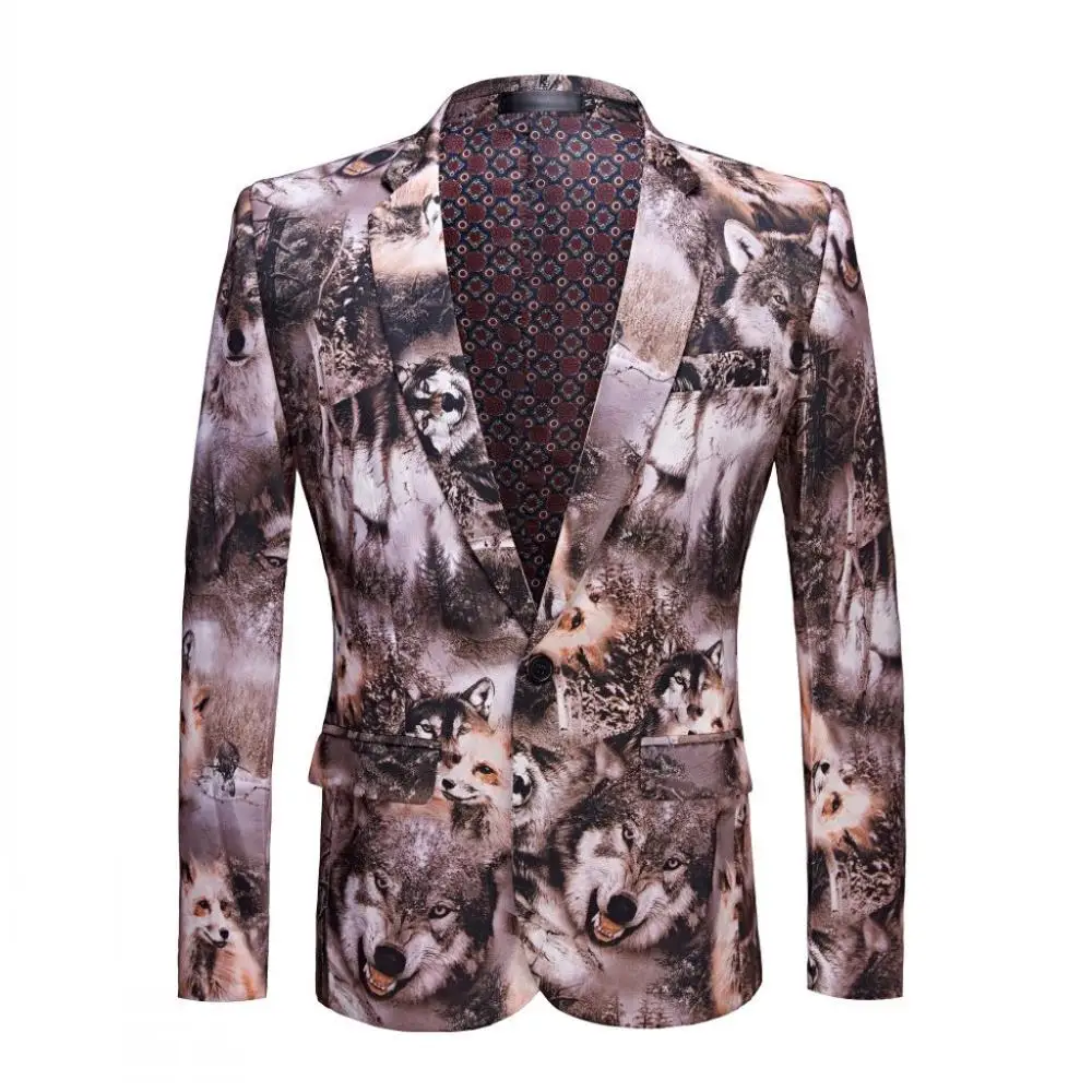 New Tide party Men Casual Blazer Print Wolves Pattern Design DJ Club Singer Costume  Slim Fit Suit Jacket Coat