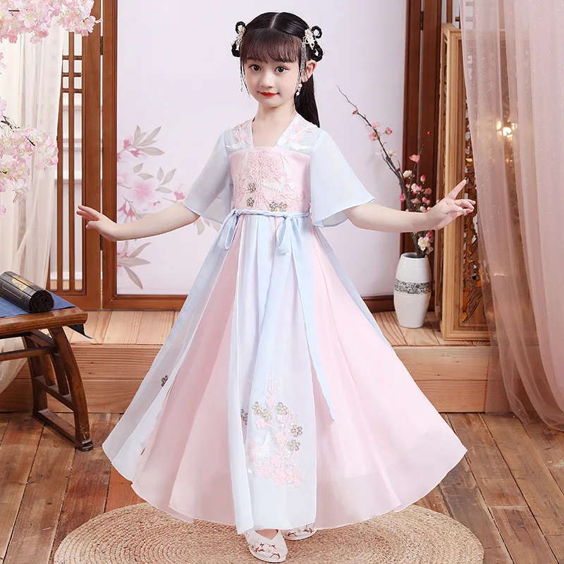 Children's Short Sleeve Round Neck Dress Fairy Stage Dancewear Kids Embroidery Chinese Style Clothing Stage Chiffon