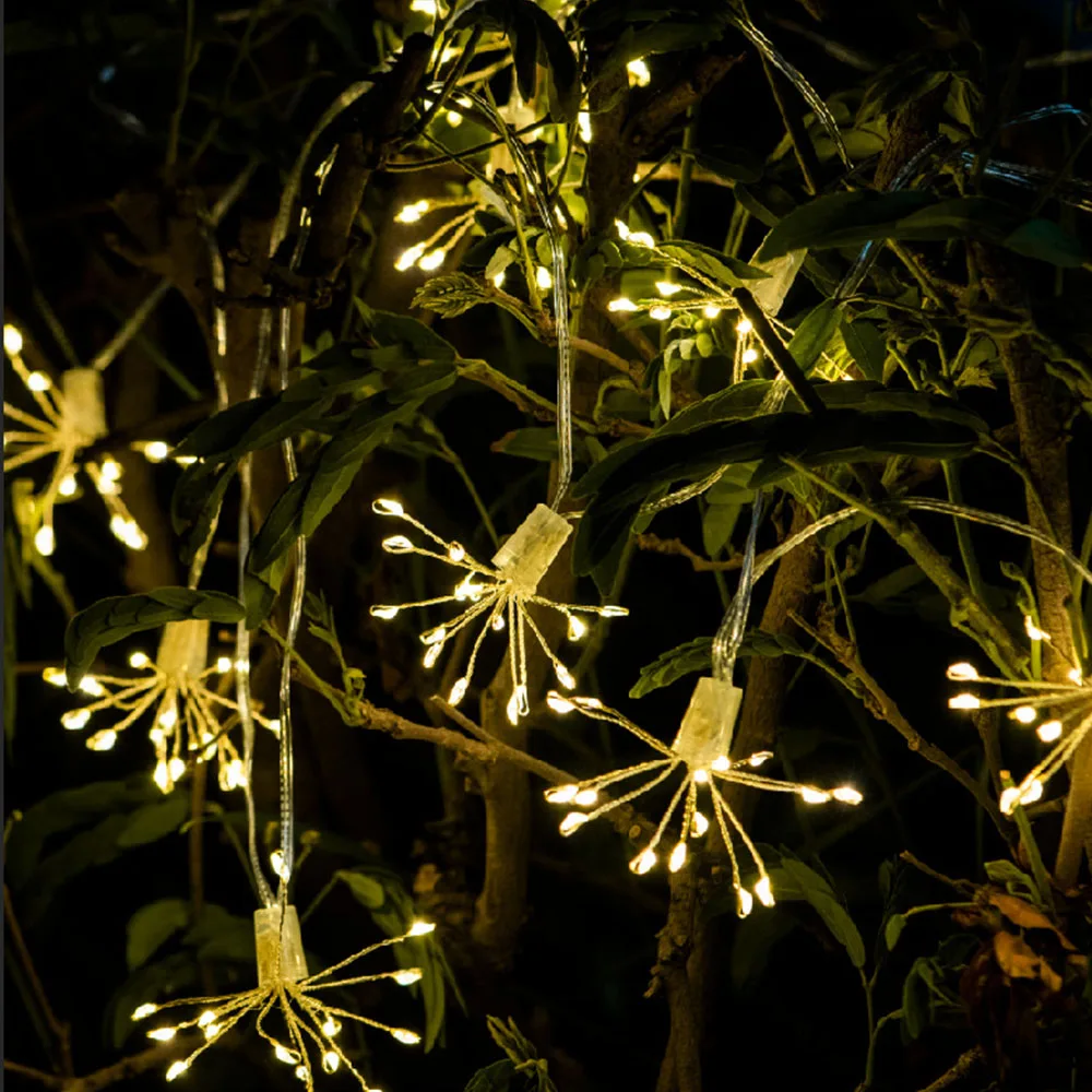 Solar/USB Operated Dandelion Copper Wire String Light 10Pcs 200 LED Exploding Star String Christmas LED Firework Lamps