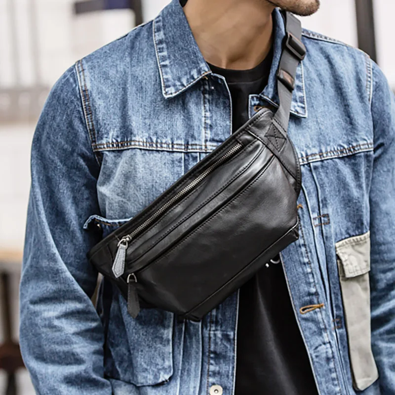 

Men's fashion messenger bag, trendy leather chest bag, casual top layer leather shoulder bag