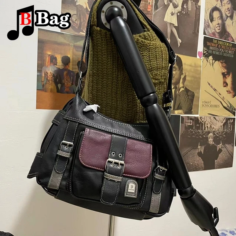 Y2K Vintage High Quality PU Leather Shoulder Bag tote Women\'s Hip hop Messenger Bag Large Capacity Handbag Commuter Bag Female