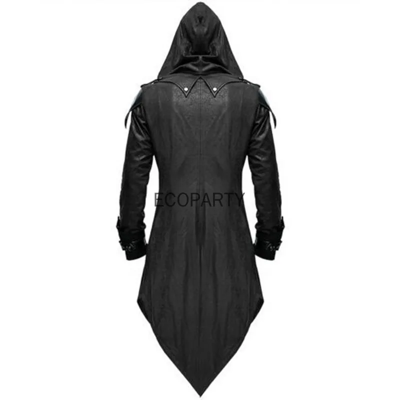 Hot Medieval Retro Hooded Clothing Men Long Sleeve Steampunk Gothic Swallowtail PU Jacket Halloween Cosplay Killer Uniform