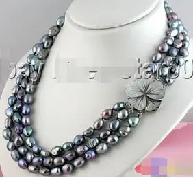 

3row 8-10mm black baroque freshwater pearl necklace 17"18"19" + shell Flower clasp