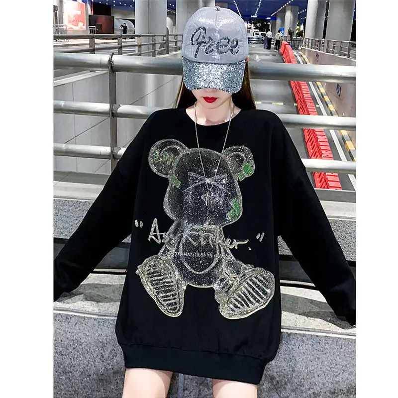 Plus Size 4XL Bear Beading Sweatshirt Women 2024 New Korean Pullover Harajuku Style Black Oversized Cartoon Top