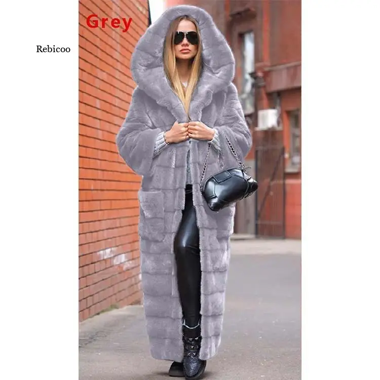 Luxury Woman\'s Winter Hooded 120cm Long Eco-friendly Mink Fur Coat Girls Warm Popular Long-Sleeved High-Quality Blue Outerwear