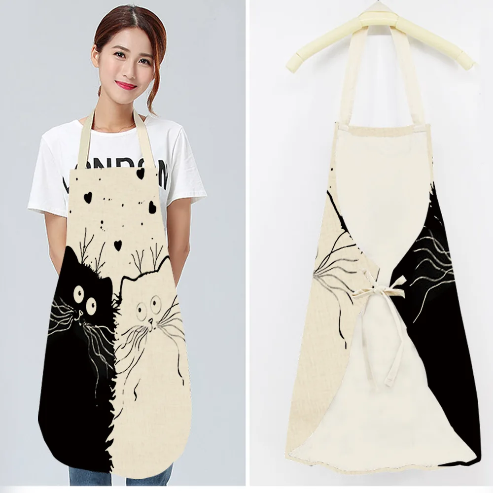 1Pcs Kitchen Cooking Apron Cute Cat Printed Home Sleeveless Cotton Linen Easy Aprons for Kids Women Baking Accessories Fartuchy